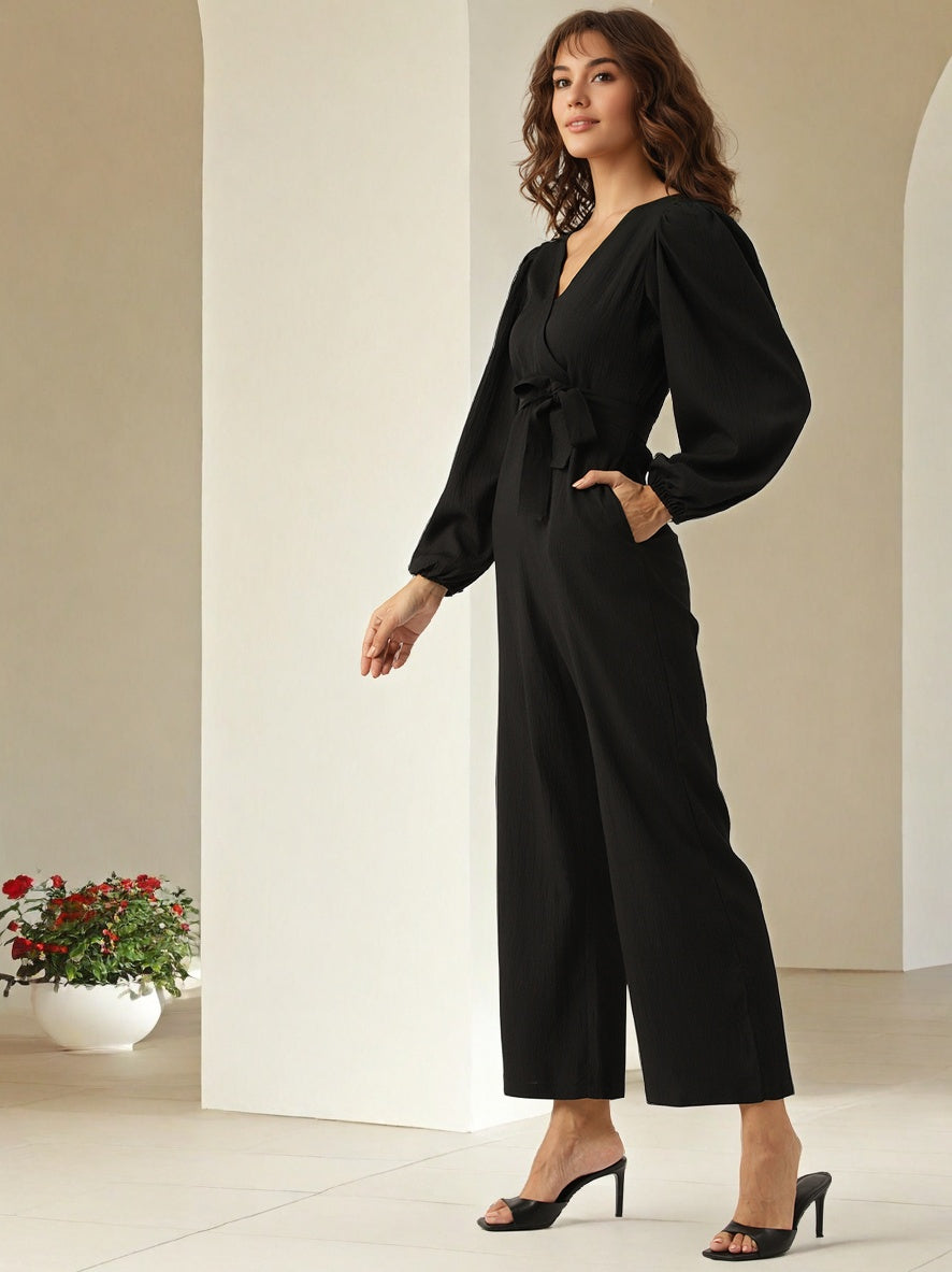 Sleek Italia V-Neck Puff Sleeves Basic Jumpsuit