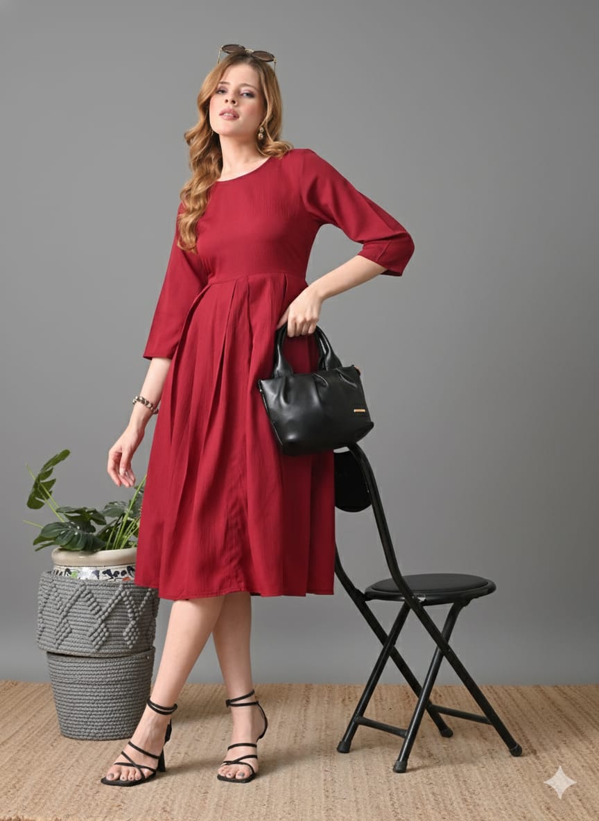 Sleek Italia Maroon Crepe Fit & Flare Midi Dress