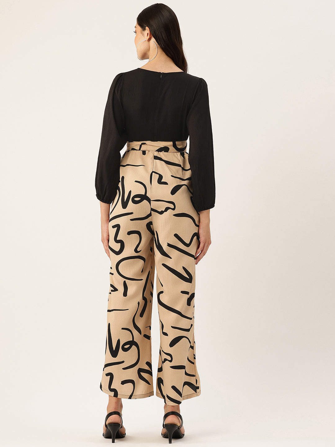 Sleek Italia Beige & Black Abstract Printed Basic Jumpsuit