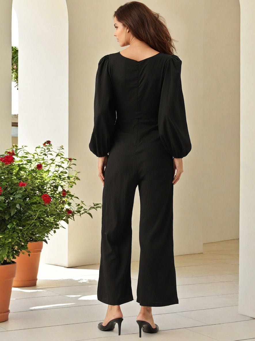 Sleek Italia V-Neck Puff Sleeves Basic Jumpsuit