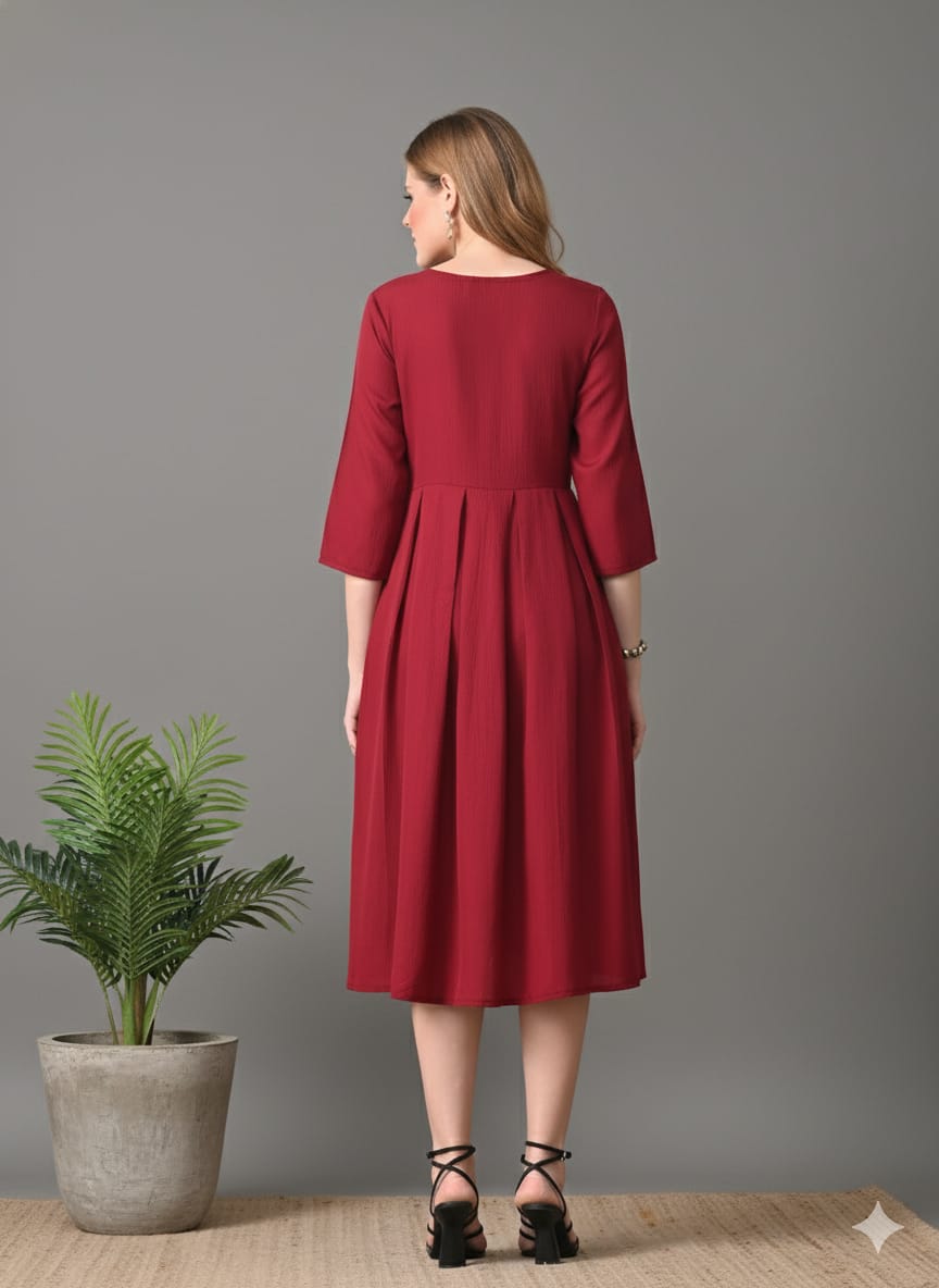 Sleek Italia Maroon Crepe Fit & Flare Midi Dress