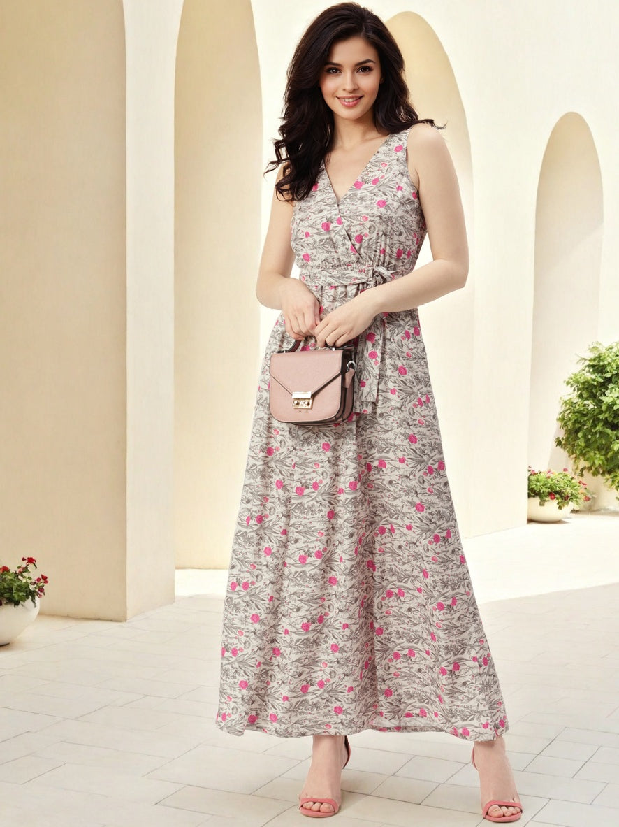 Floral Printed V Neck Sleeveless Crepe Maxi Dress