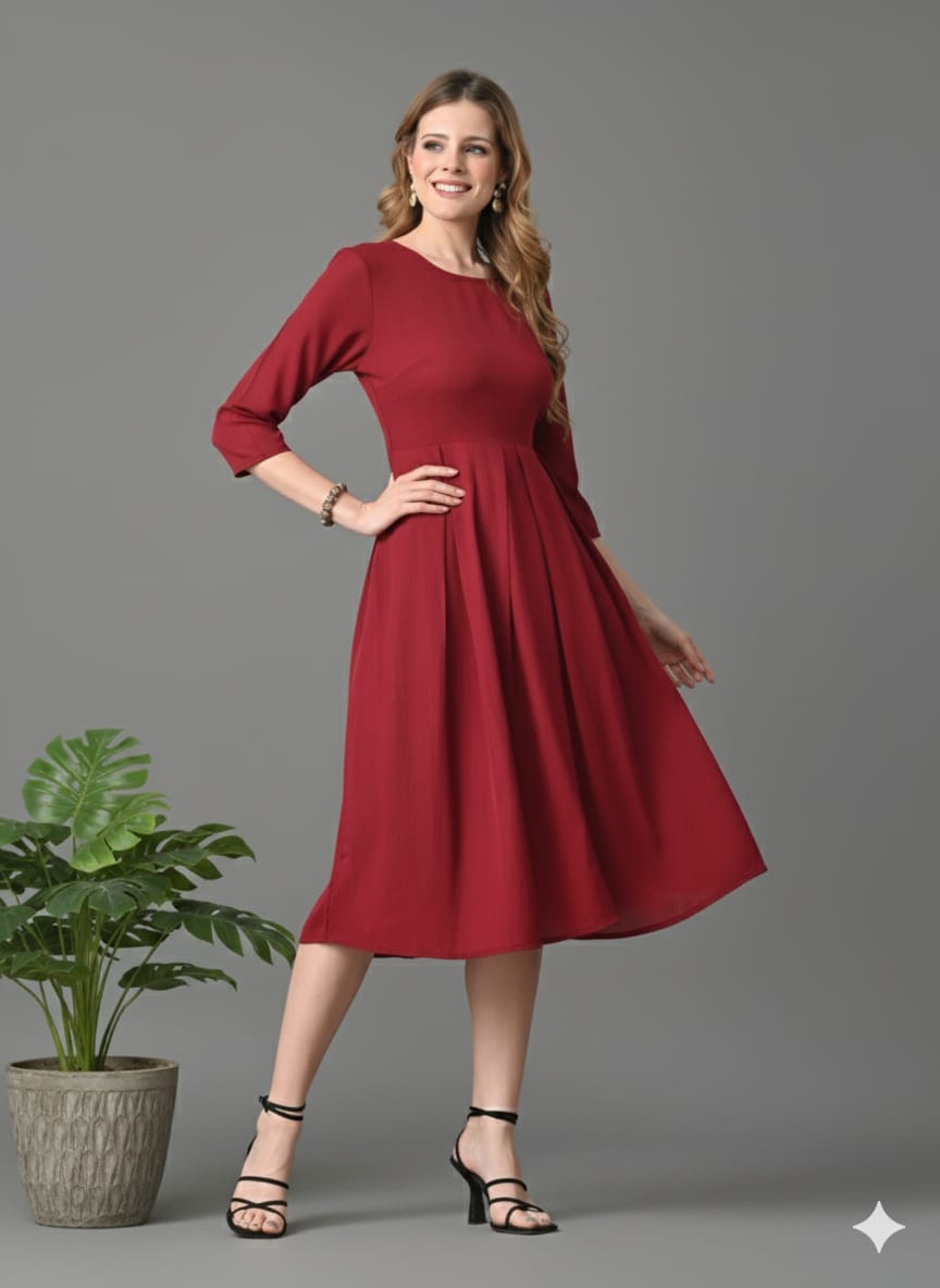 Sleek Italia Maroon Crepe Fit & Flare Midi Dress