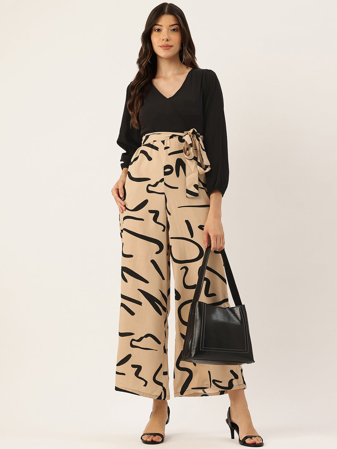 Sleek Italia Beige & Black Abstract Printed Basic Jumpsuit