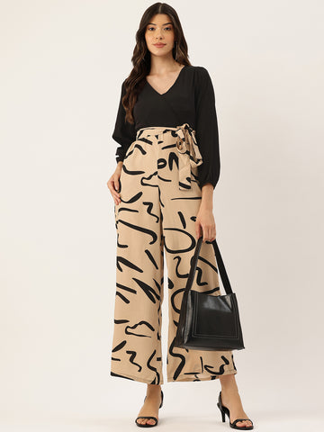 Sleek Italia Beige & Black Abstract Printed Basic Jumpsuit