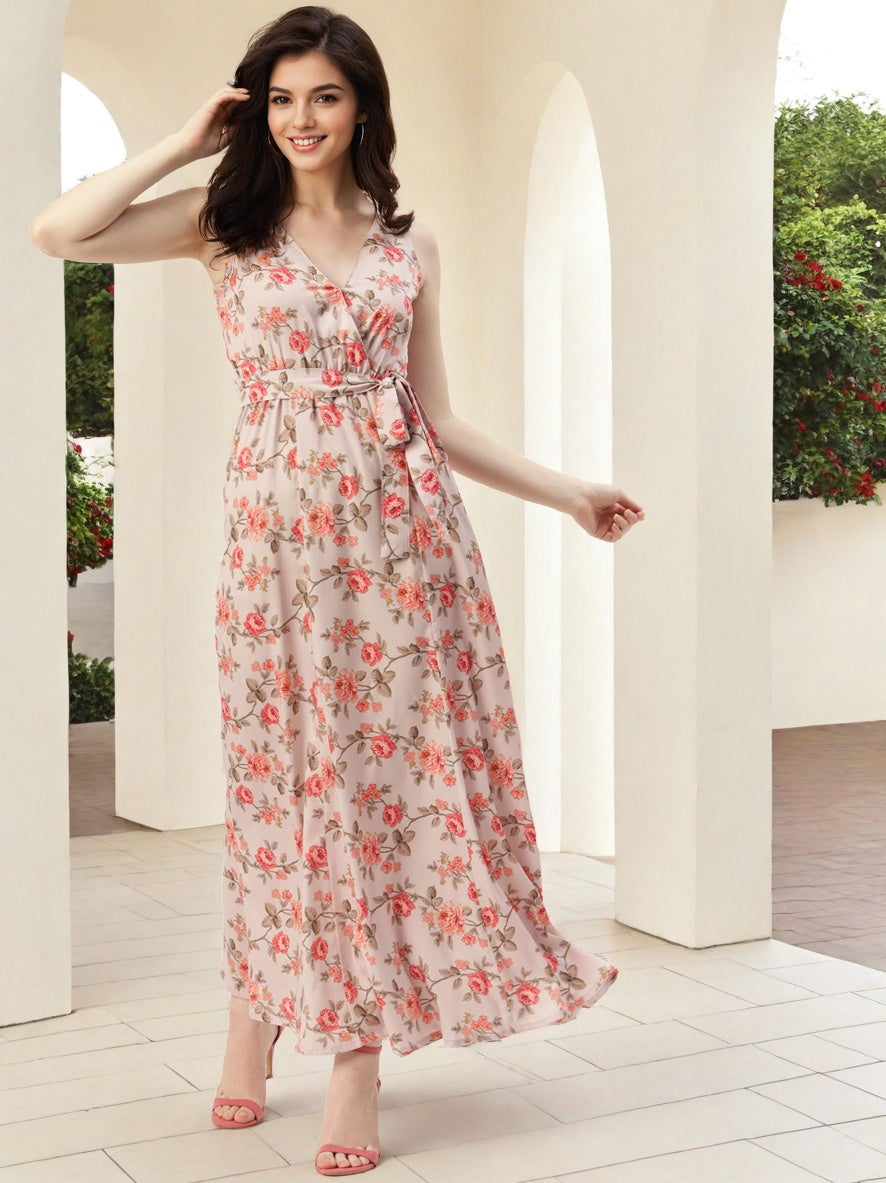 Floral Printed V Neck Sleeveless Crepe Maxi Dress 1