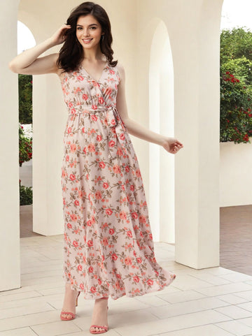 Floral Printed V Neck Sleeveless Crepe Maxi Dress 1