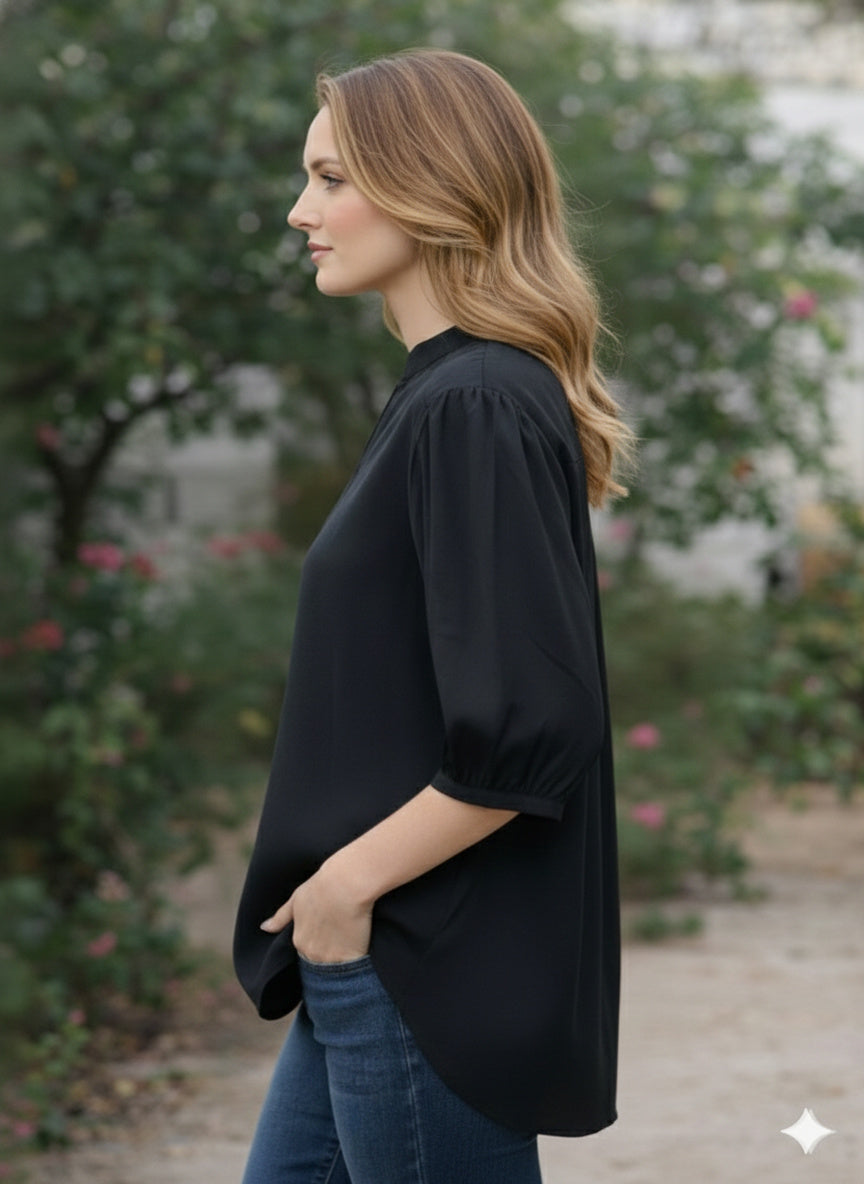 Sleek Italia Mandarin Collar Puff Sleeve Crepe Top