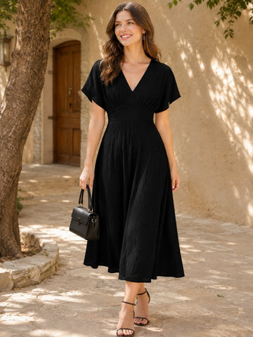 Women Solid Black V-Neck Midi Dress with Flared Hem