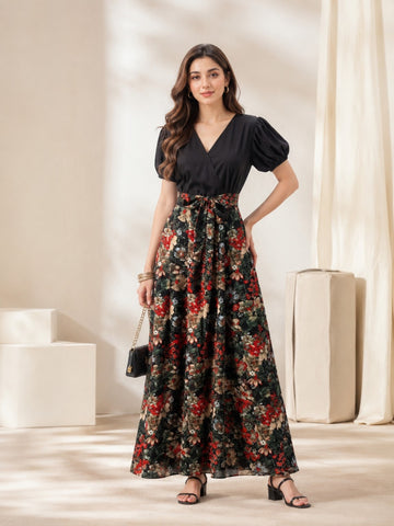 Sleek Italia Multi Floral Print Crepe Maxi Dress