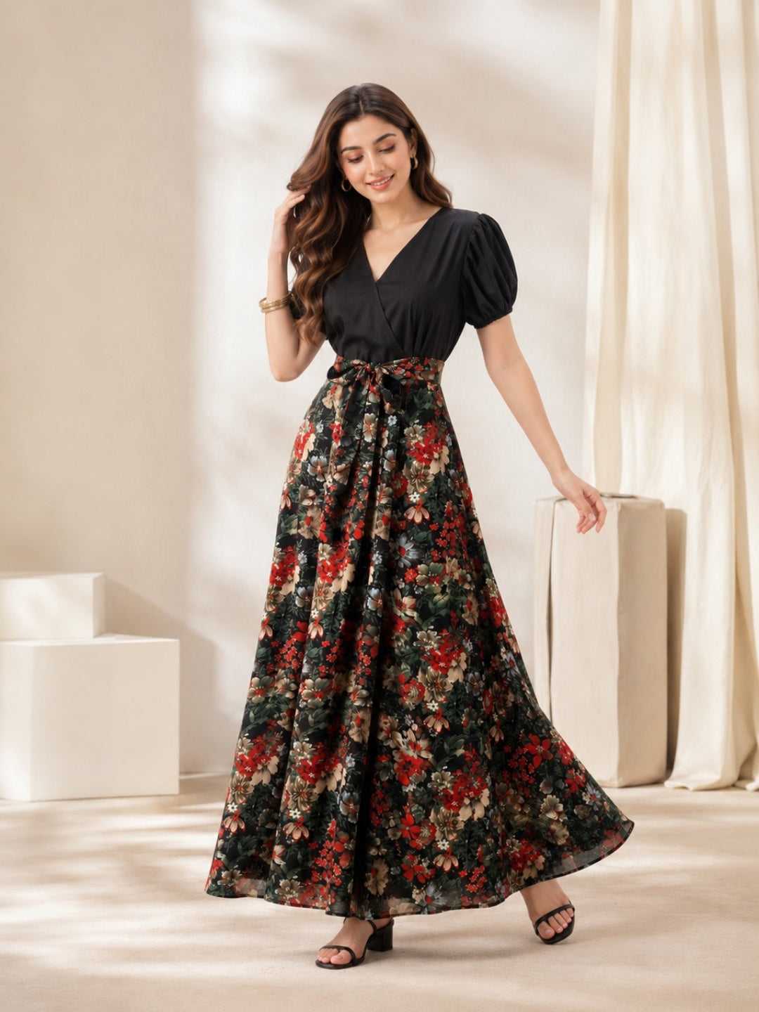 Sleek Italia Multi Floral Print Crepe Maxi Dress
