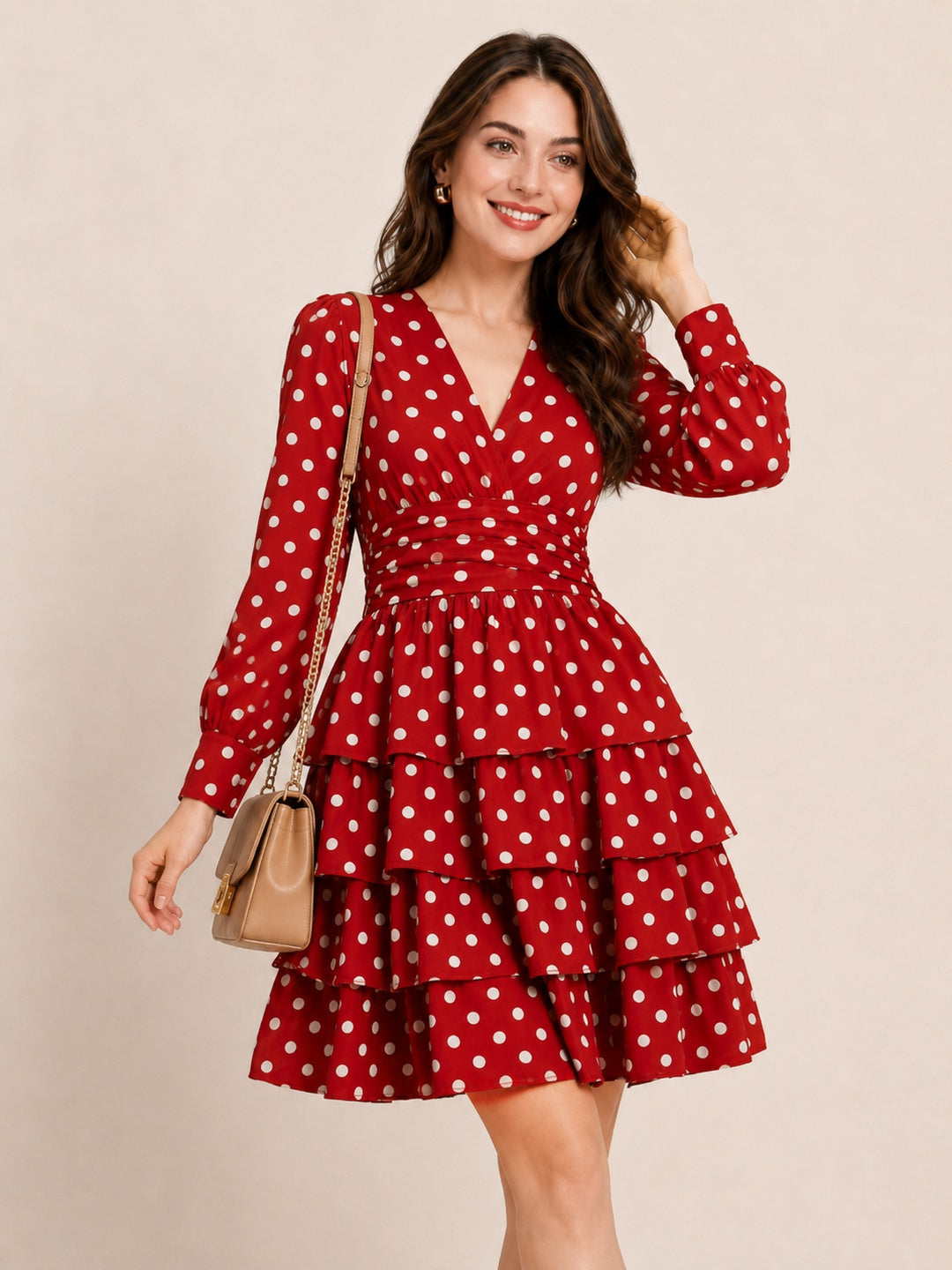 Sleek Italia red Polka Dot Print Ruffled Crepe Mini Dress