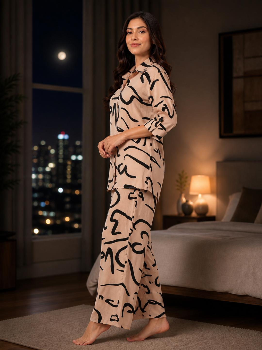 Sleek Italia Printed Collar Neck Top & Trouser NightSuit