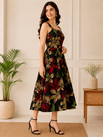 Black Floral Printed Midi Dress with Shoulder Straps & Flared Hem
