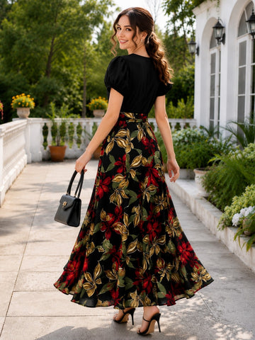 Black Floral Maxi Dress with V-Neck, Puff Sleeves & Tie-Up Waist