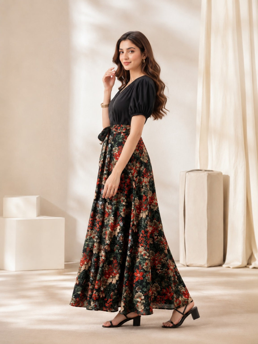Sleek Italia Multi Floral Print Crepe Maxi Dress