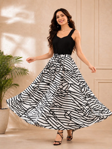 Sleek Italia Black and White Printed Crepe Maxi Dress