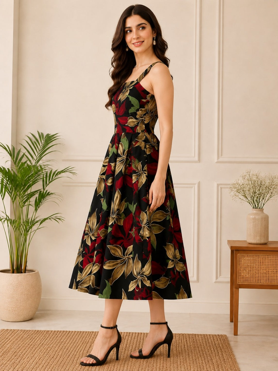 Black Floral Printed Midi Dress with Shoulder Straps & Flared Hem