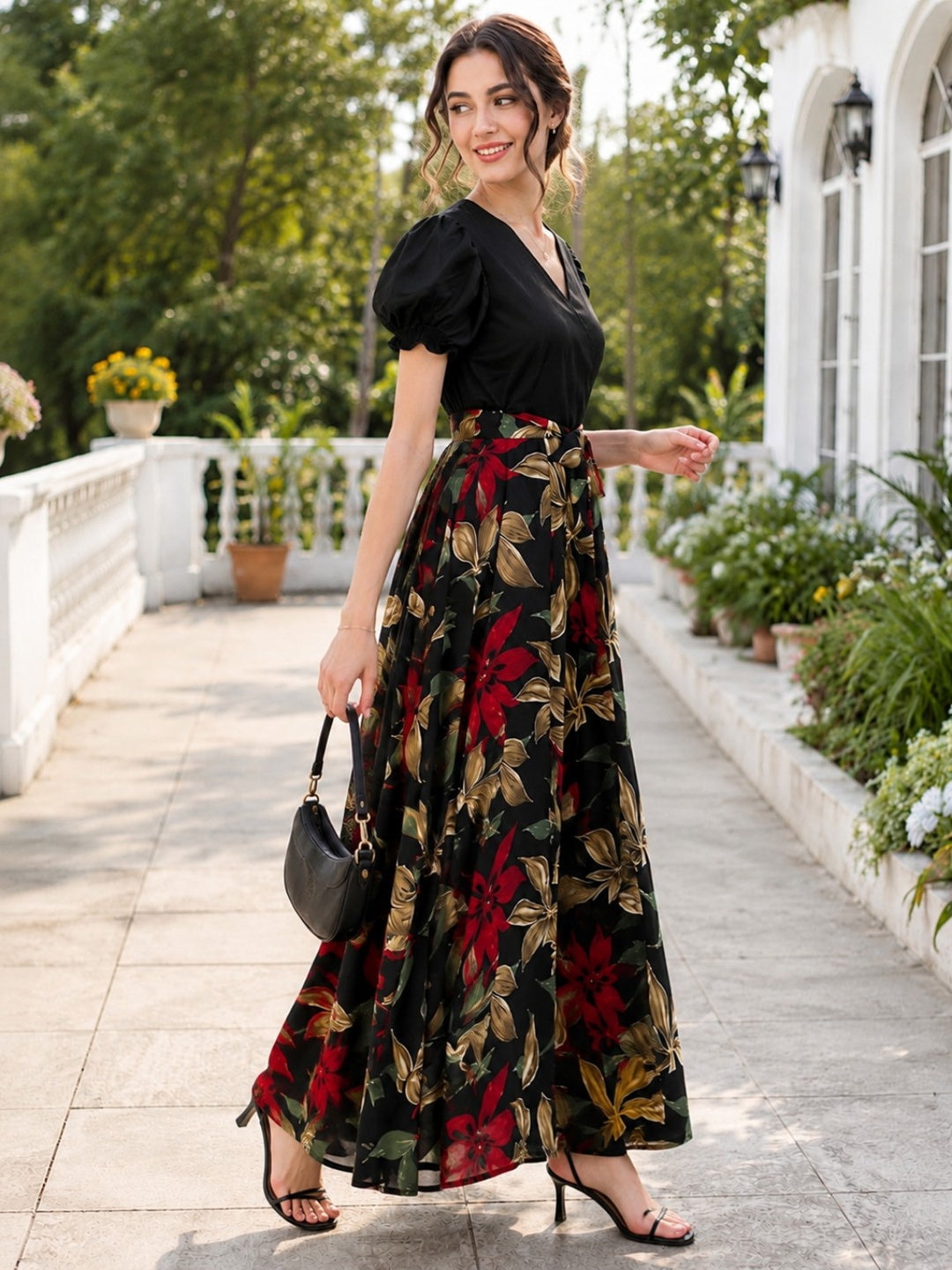 Black Floral Maxi Dress with V-Neck, Puff Sleeves & Tie-Up Waist
