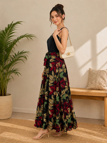 Black Floral Maxi Dress with Shoulder Straps & Tie-Up Waist