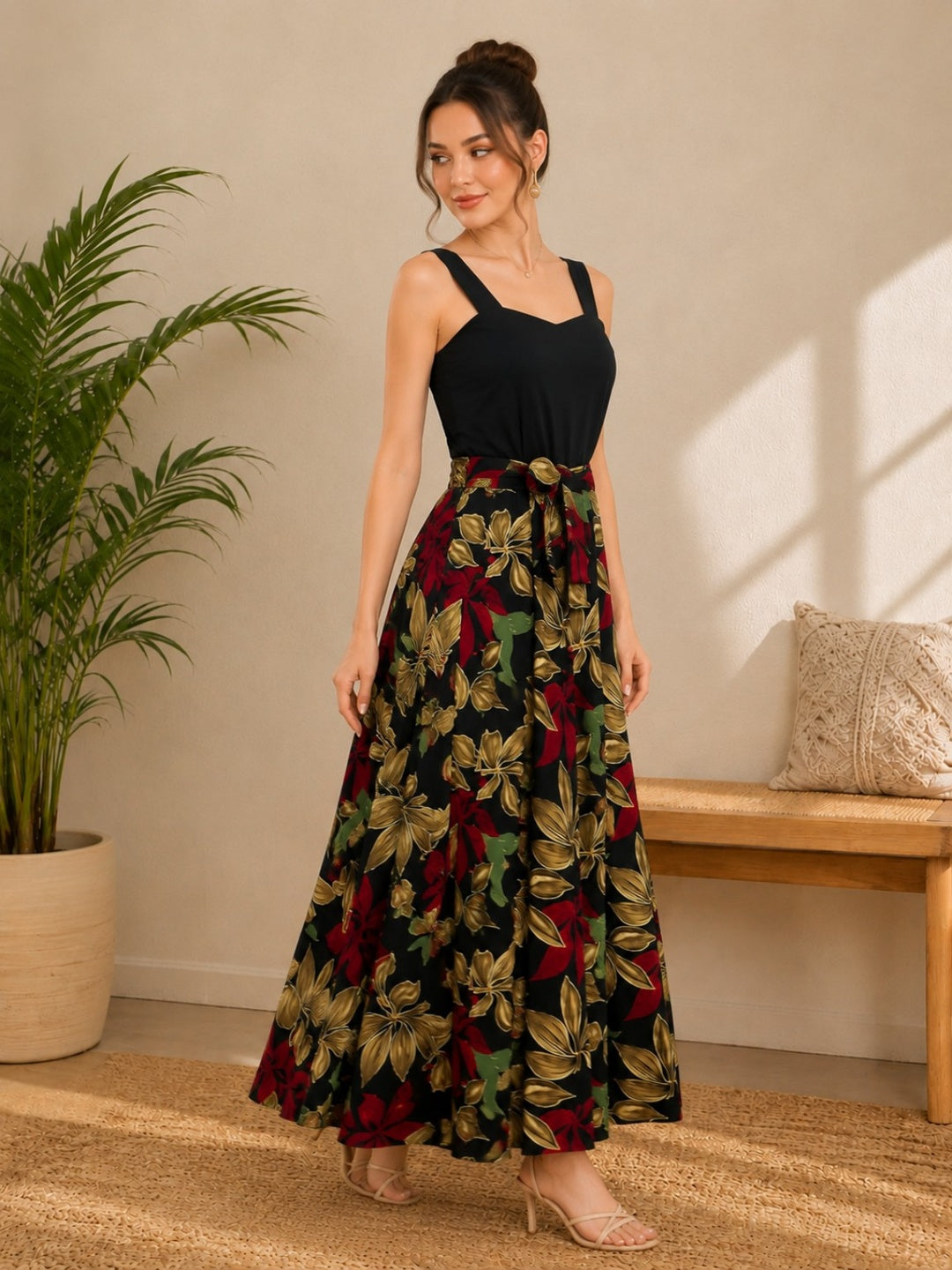 Black Floral Maxi Dress with Shoulder Straps & Tie-Up Waist