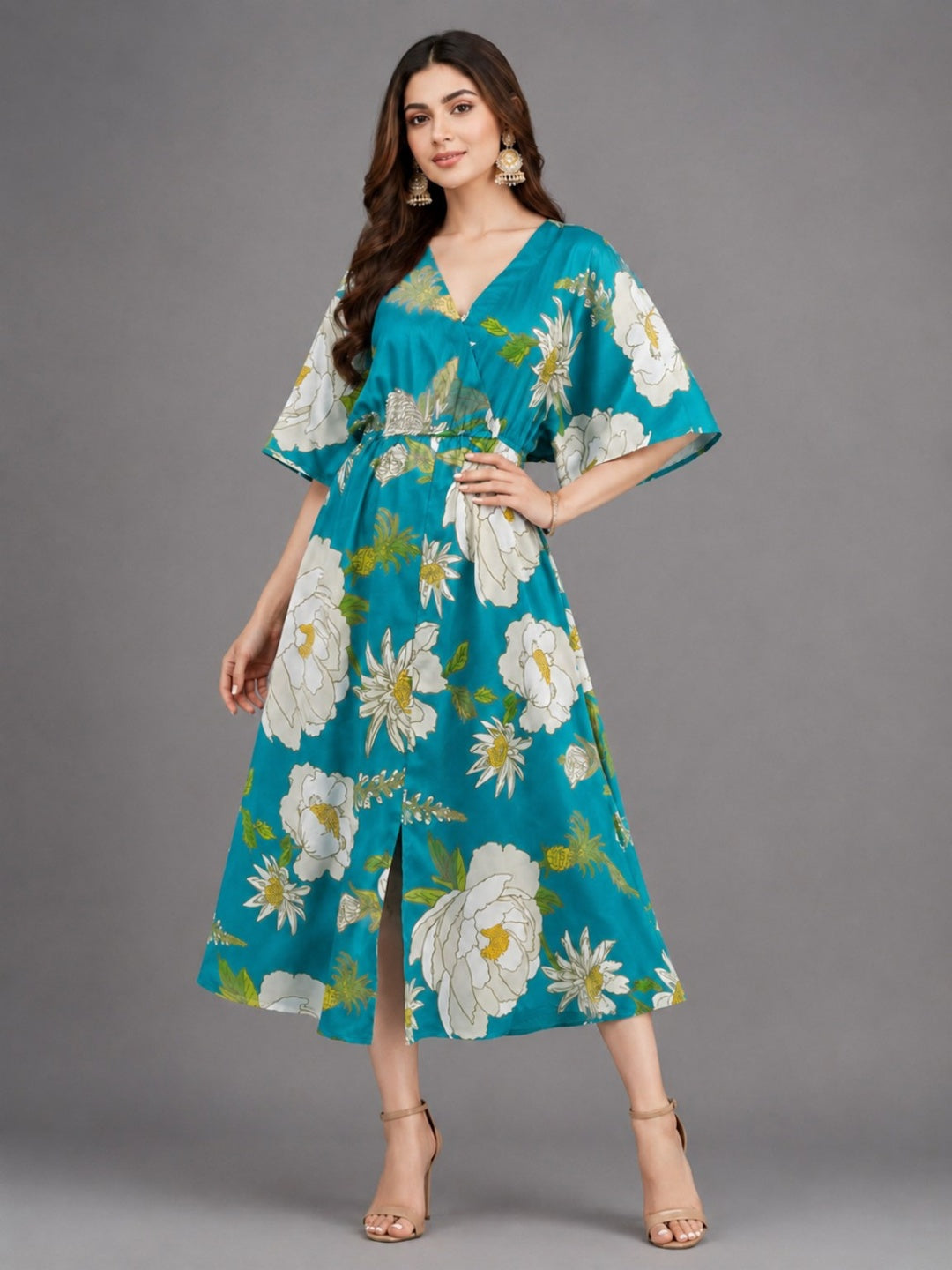 Sleek Italia Floral Print Turquoise Blue Kimono Sleeve Kaftan Maxi Dress