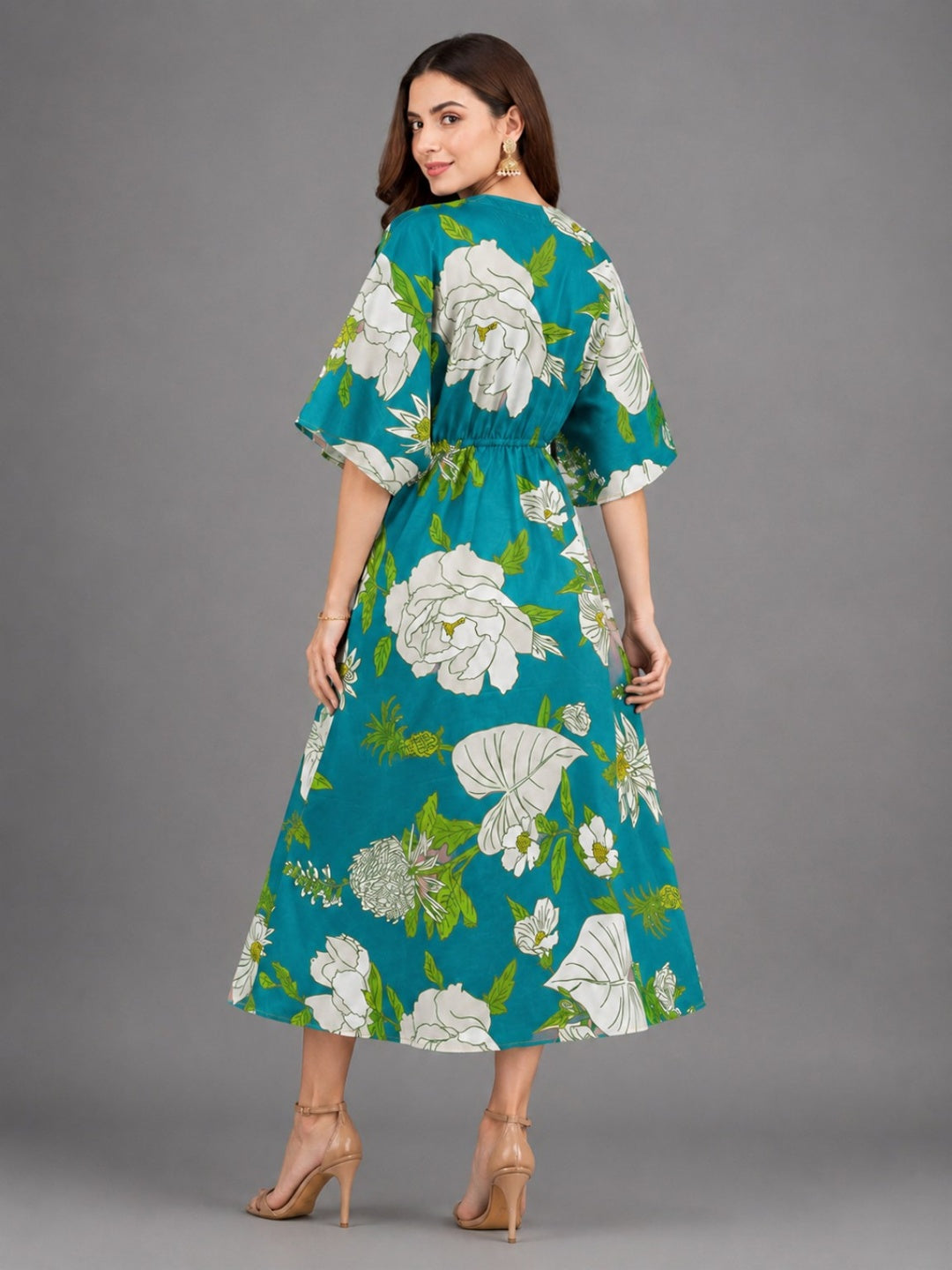 Sleek Italia Floral Print Turquoise Blue Kimono Sleeve Kaftan Maxi Dress