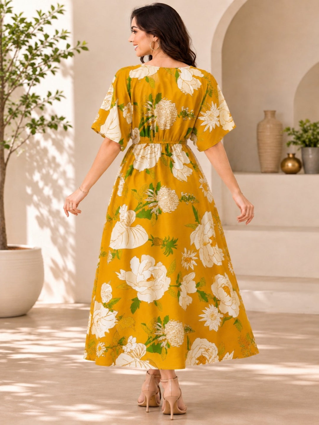Sleek Italia Mustard Floral Print Kimono Sleeve Kaftan Maxi Dress