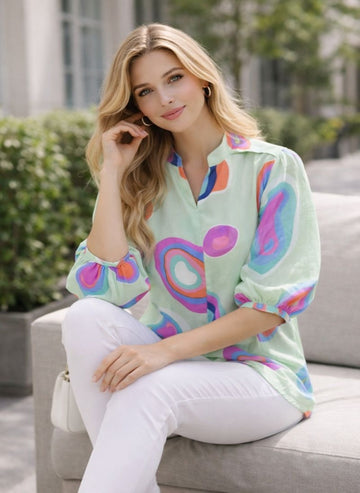 Sleek Italia Print Puff Sleeve Crepe Top
