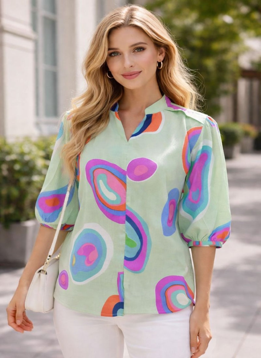 Sleek Italia Print Puff Sleeve Crepe Top