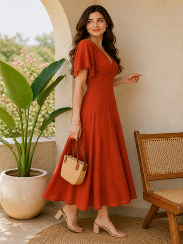Women Rust Orange Solid V-Neck Gathered A-Line Midi Dress