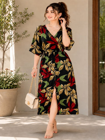 Sleek Italia Multi Floral Print Kimono Sleeve Kaftan Maxi Dress