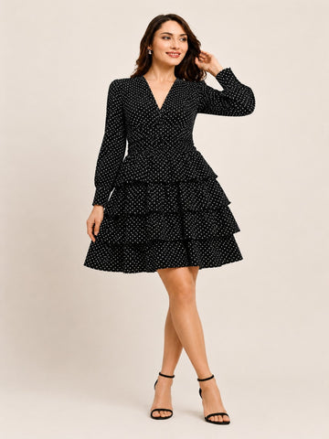 Sleek Italia Black Polka Dot Print Crepe A-Line Dress