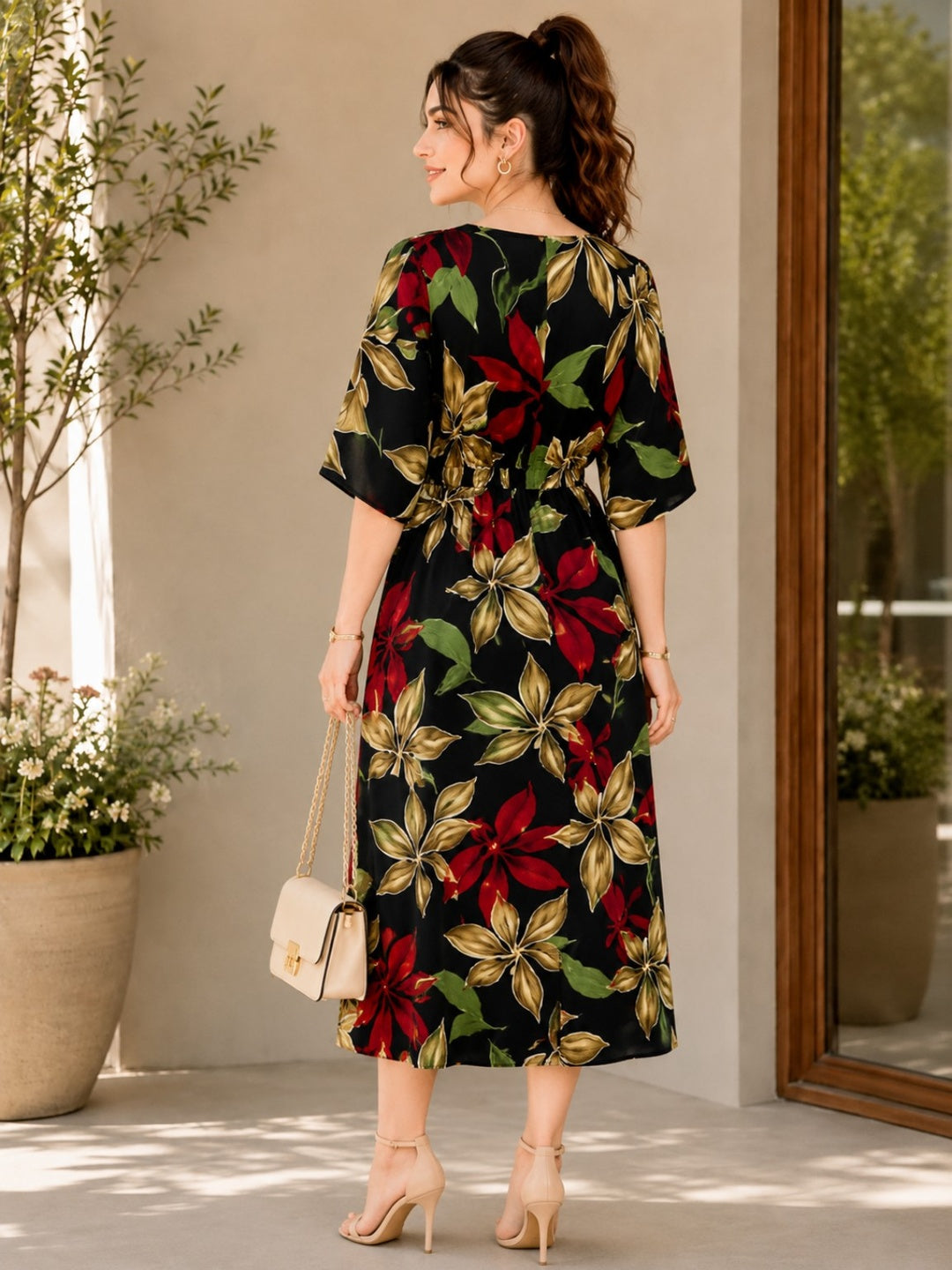 Sleek Italia Multi Floral Print Kimono Sleeve Kaftan Maxi Dress