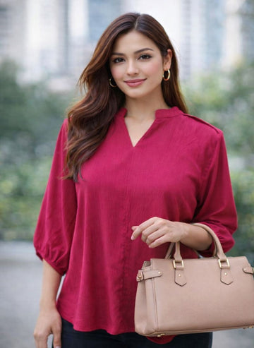 Sleek Italia Red V-Neck Crepe Top with Three-Quarter Sleeves