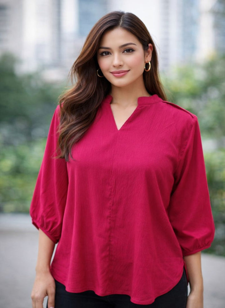 Sleek Italia Red V-Neck Crepe Top with Three-Quarter Sleeves