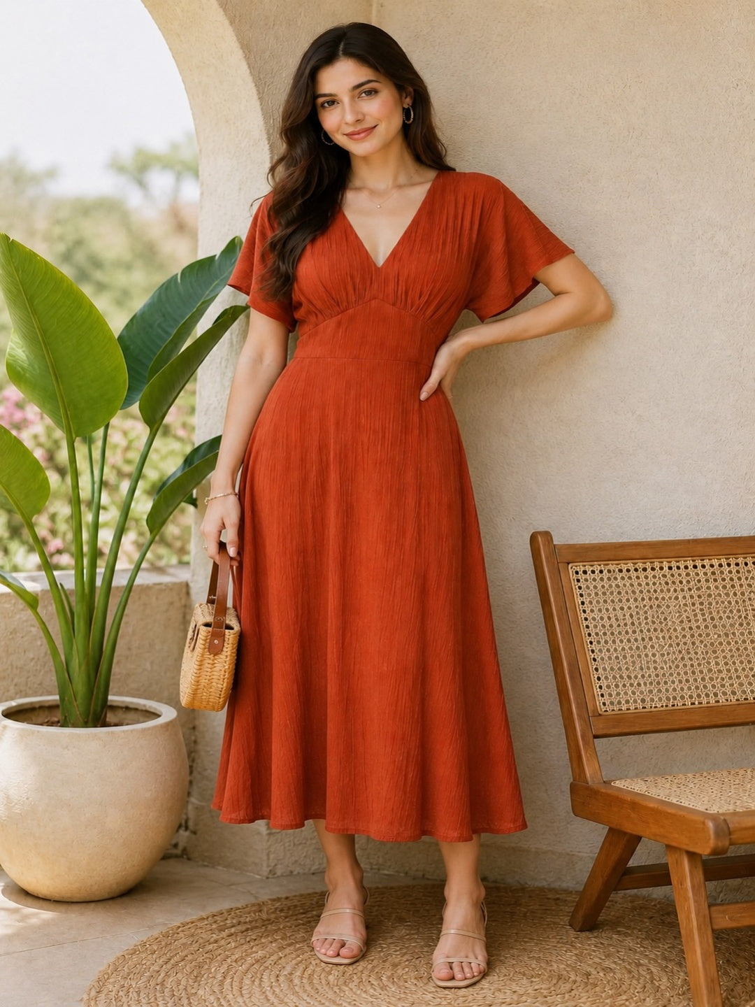 Women Rust Orange Solid V-Neck Gathered A-Line Midi Dress